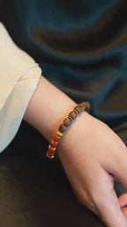 Kynam Agarwood & South Red Agate Bracelet, Half-and-Half, Barrel Cut, Gem-Set Spacers, 7 mm