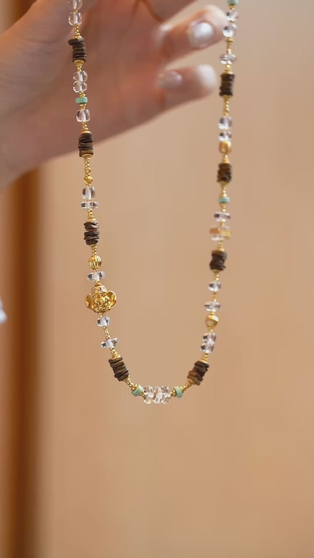 Kynam Agarwood Necklace, White Crystal, Turquoise & Ganesha