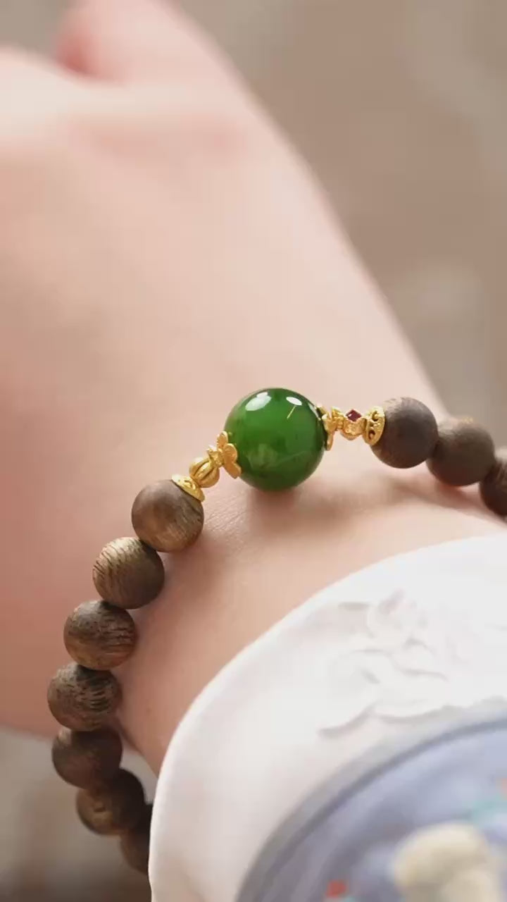 Kynam Agarwood Bracelet, Spinach-Green Nephrite Jade Focal Bead