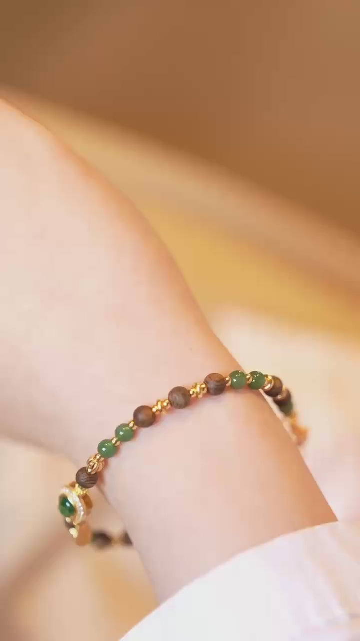 Kynam Agarwood Bracelet, Lake-Water Jadeite & Carved Ruyi, 4-5mm