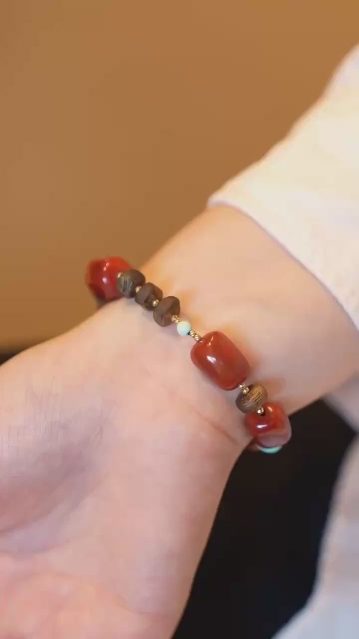 Kynam Agarwood Bracelet, South Red Agate & Turquoise