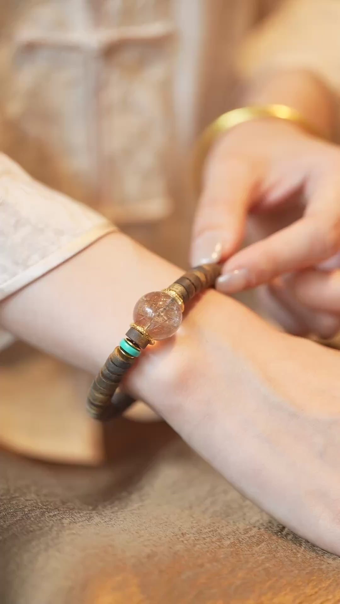 Kynam Agarwood Bracelet, Rutilated Quartz & Turquoise, Disc-Cut