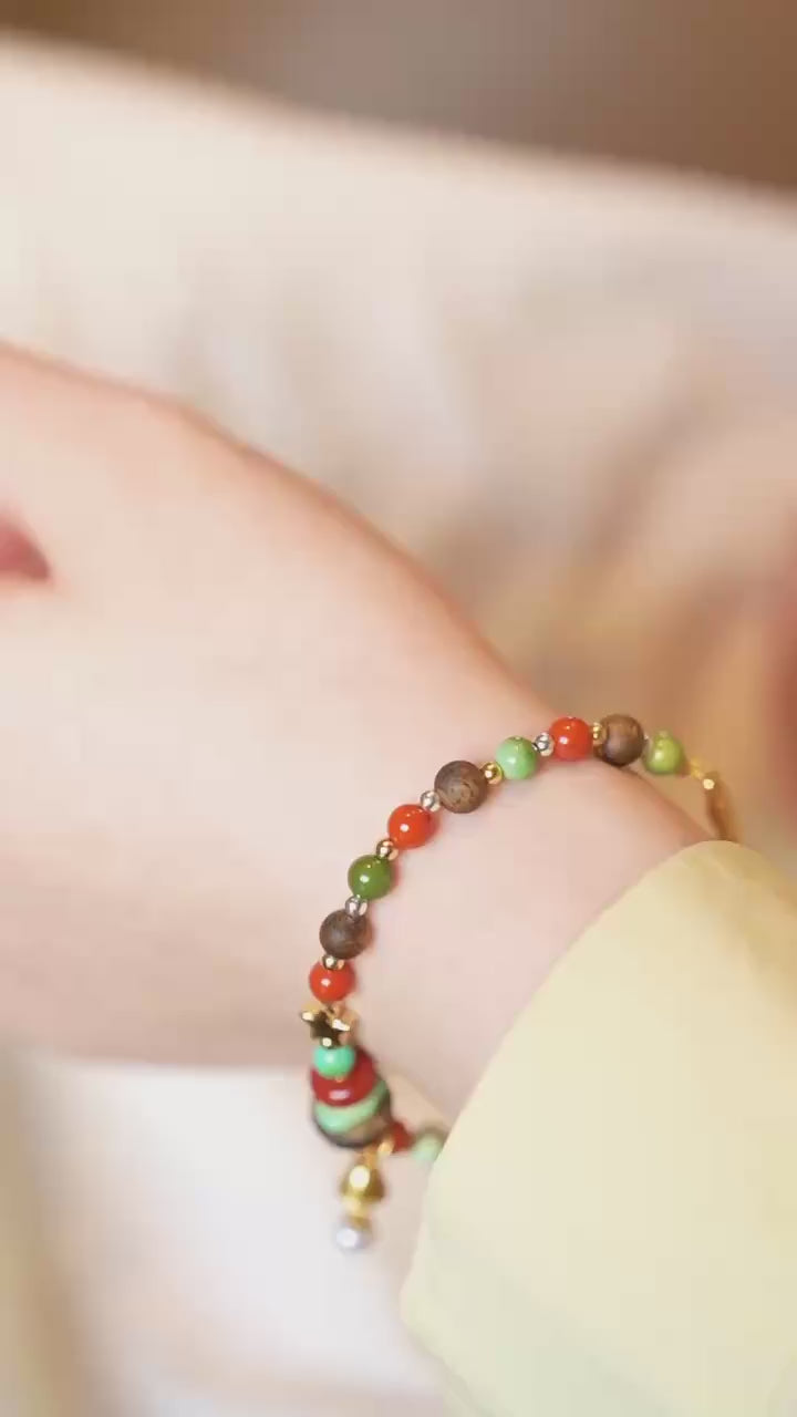 Kynam Agarwood Bracelet, South Red Agate, Turquoise & Pearl Charms