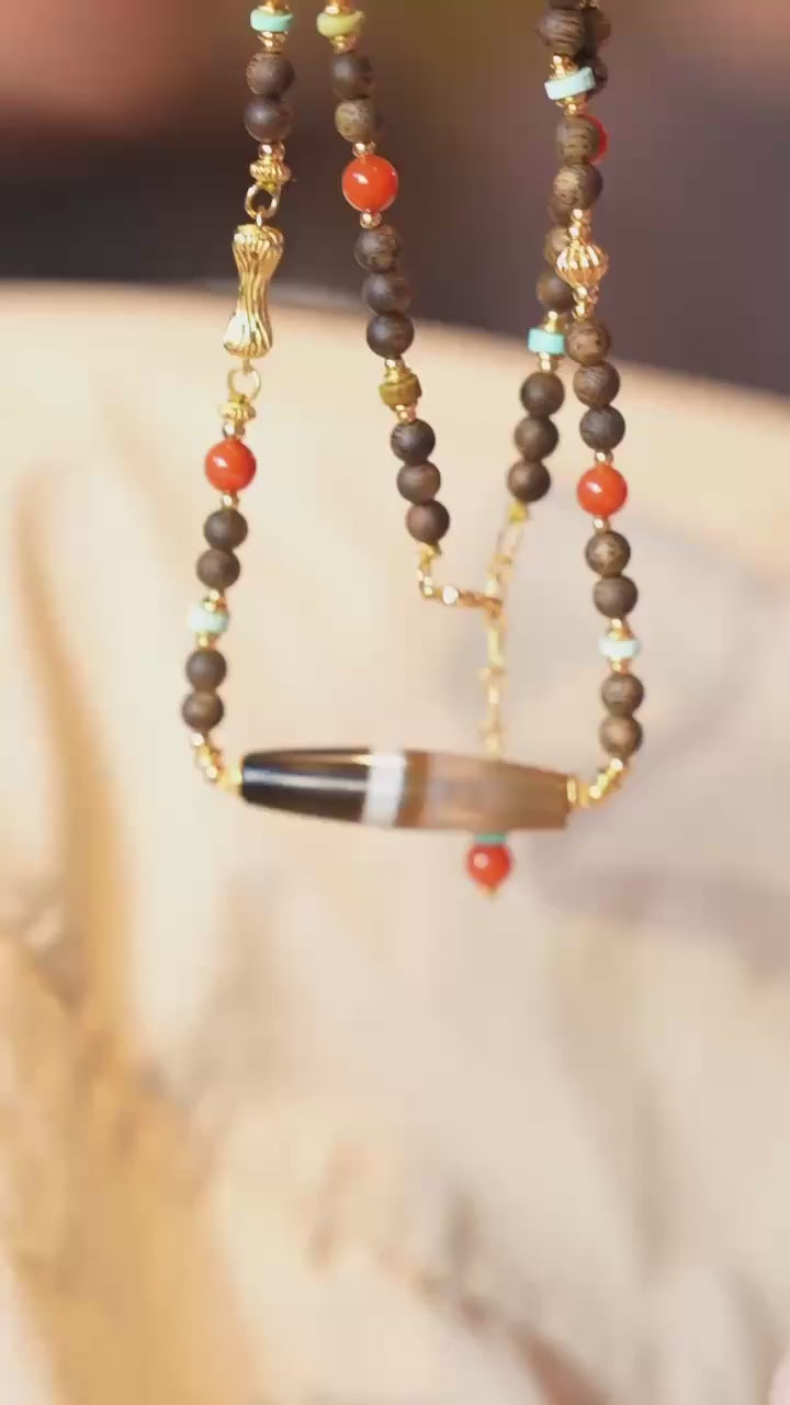 Kynam Agarwood Necklace, South Red Agate, Turquoise & Wound-Silk Agate