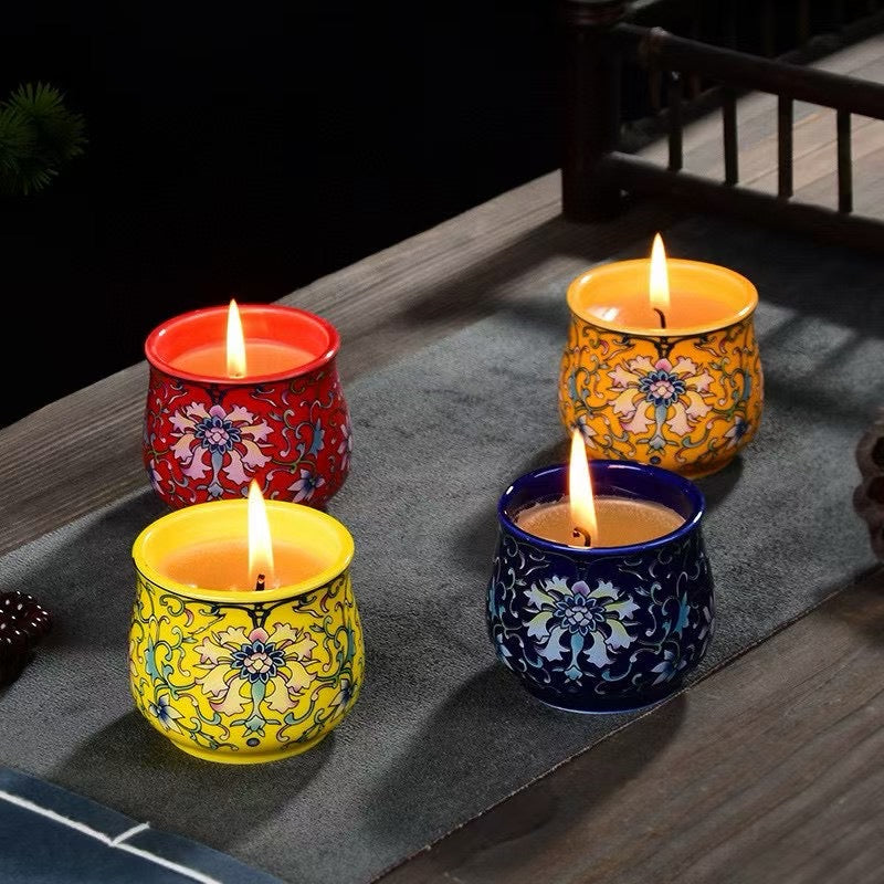Chinese Enamel Painted Scented Candle, Smokeless, 7-Hour Burn